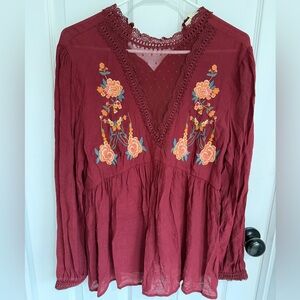 Entro Burgundy Embroidered V-Neck Boho Tunic